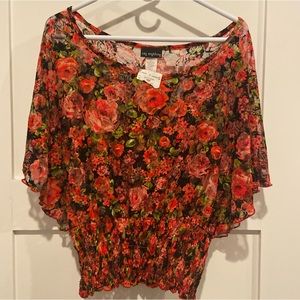 Ladies Blouse by Say Anything Size XL Sheer Top Roses Design NEW
